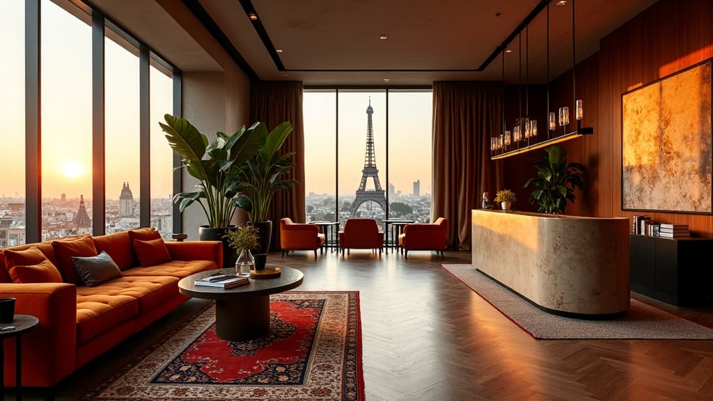 Hotel lobby lounge at golden hour