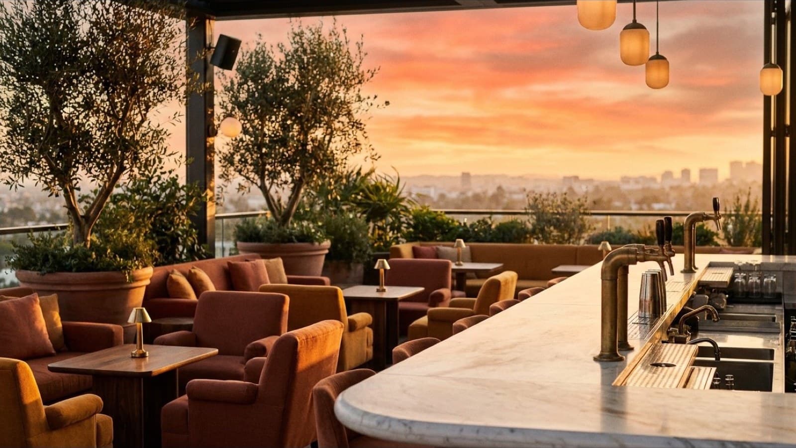 Rooftop hotel bar at sunset